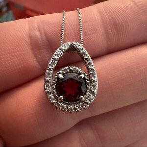 Natural Garnet & Diamond Pendant Necklace 925